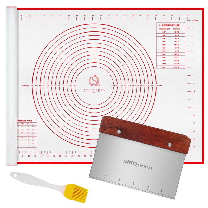 SiliQueen Silicone Pastry Baking Mat with Measurements Extra a Brush and a Dough Scraper- 27.5â€ x 20â€ Heat Resistant, BPA Free, Non-Stick Non-Slip Pastry Mat for Rolling Dough, Easy to Clean, Red - Image 1